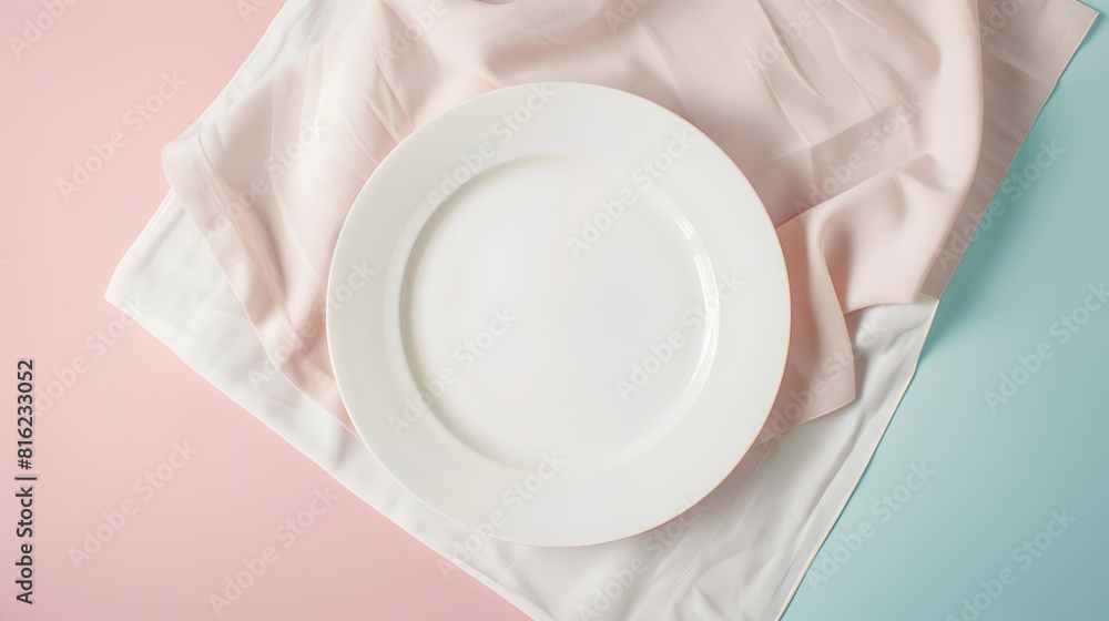 Leinwandbilder Top view on colored background empty round white plate on tablecloth for food Empty dish on napkin with space for your design : Generative AI