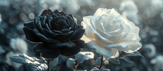 Two black and white roses in a field