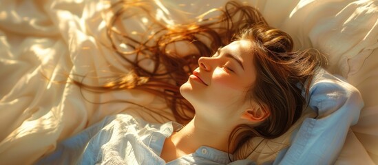 A woman with flowing hair, lying in bed with wind blowing through her hair, creating a serene moment. - Powered by Adobe