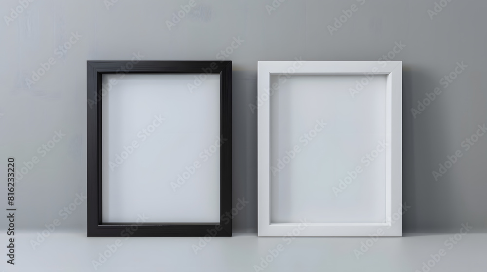 Poster Black wood frame and white picture frame isolated on gray background Object with clipping path : Generative AI