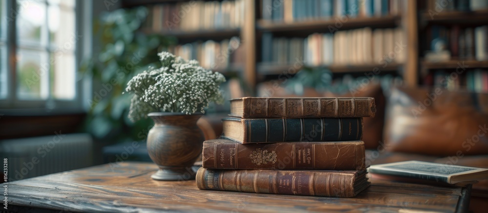 Poster stack of books on table in front of bookcase
