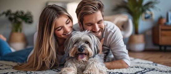 Man and woman laying on rug with dog