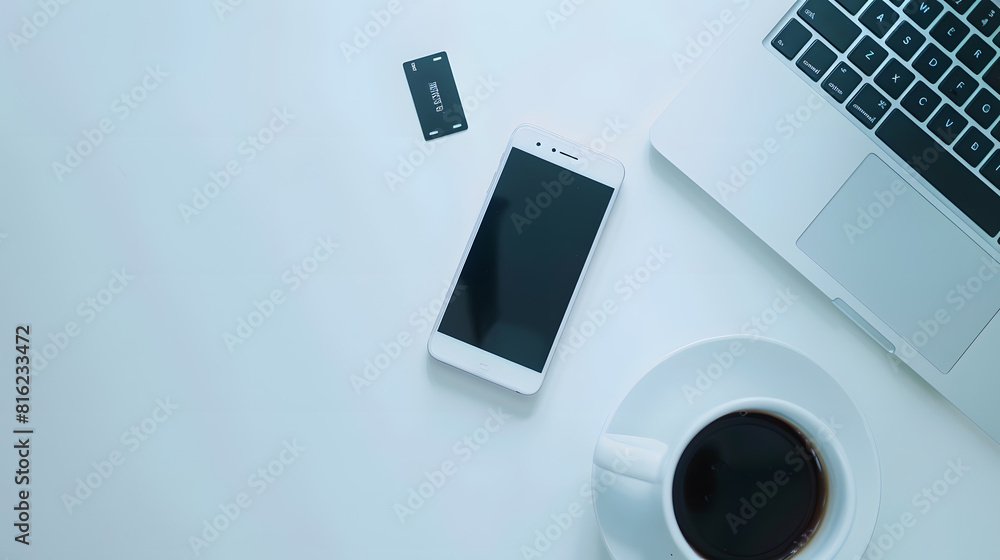 Poster white working table desk with laptop smartphone coffee mug memory card on white background flat lay 