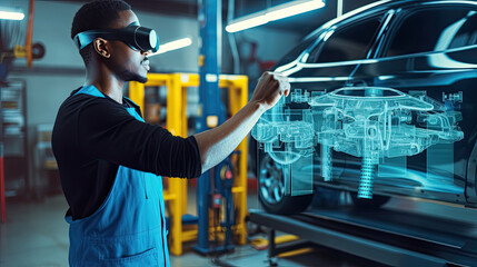 African american worker in repair shop using AR programs to check car during maintenance