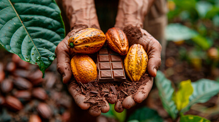 A farmer's hands showing cocoa fruits with a chocolate bar 