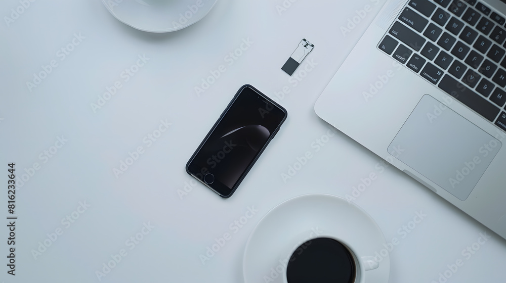 Fototapete White Working table desk with laptop smartphone coffee mug memory card on white background Flat lay top view copy space : Generative AI