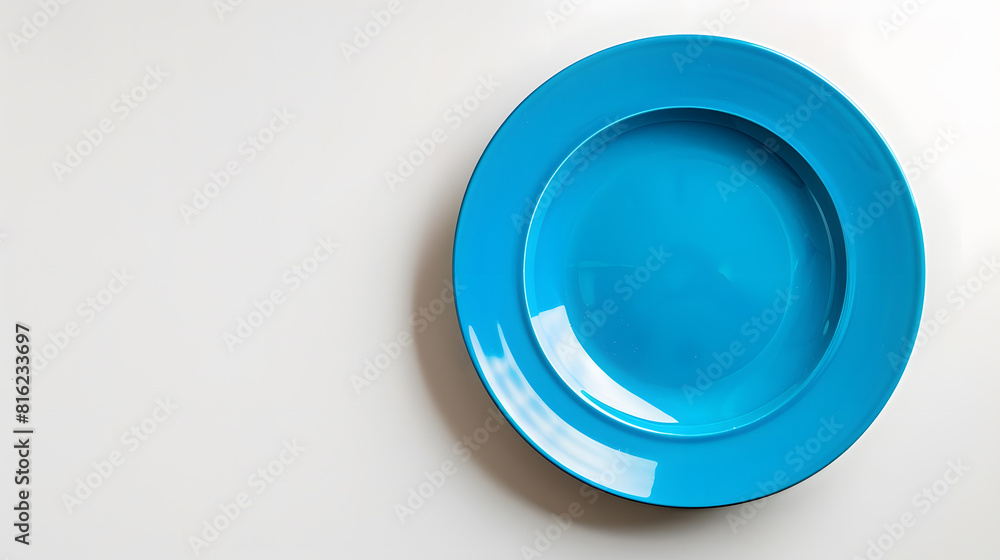 Poster top view of empty blue porcelain plate on white background : generative ai