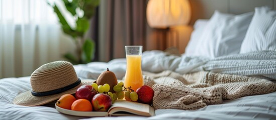 Bed adorned with fruit and stylish hat