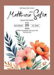 Watercolor wedding invitation card template with flowers and leaves. Wedding invitation card. Elegant wedding invitation card with beautiful floral and leaves template.
