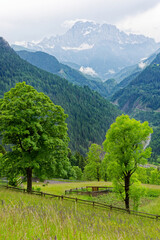 Alpine scenes of the Dolomite mountains Italy. With lush green pastures and snow topped mountain...