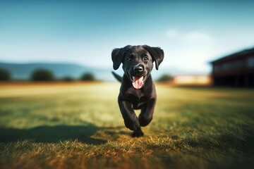  a black  labrador retriever dog  of a joyful golden retriever running towards the viewer in a...