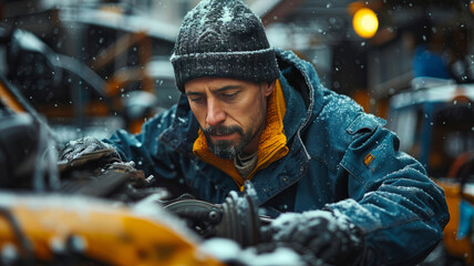 a mechanic in a dark blue jumpsuit changing a cars breaks,generative ai