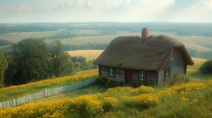 A quaint countryside cottage nestled amidst rolling green hills, its thatched roof and white picket fence exuding charm and coziness