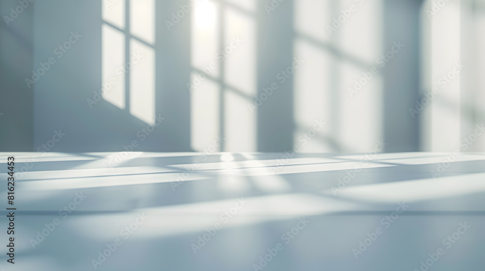 Poster empty white desk with morning light and shadows of windows with copy space summer concert blurred ba
