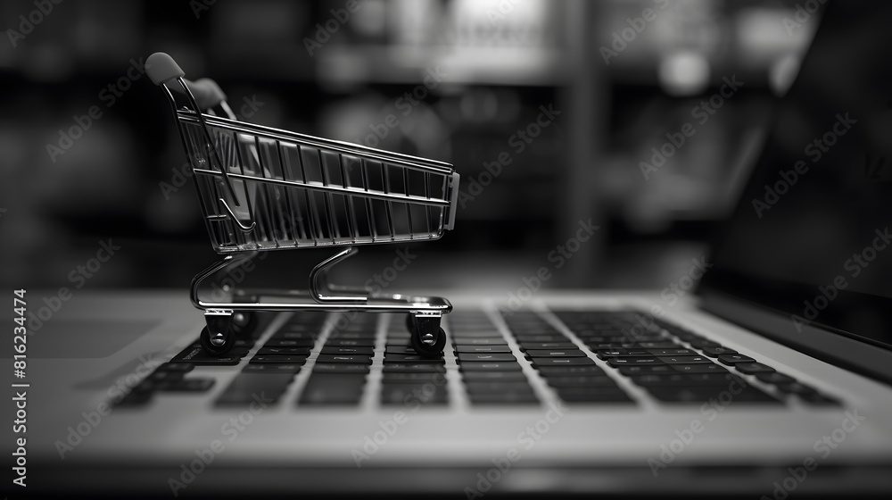 Poster black and white online shopping concept background shopping cart trolley empty on laptop keyboardeco