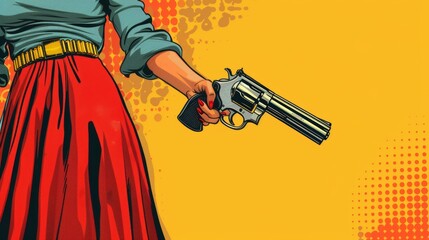 Vintage comic book style of an elegant long skirt female holding a revolver pistol