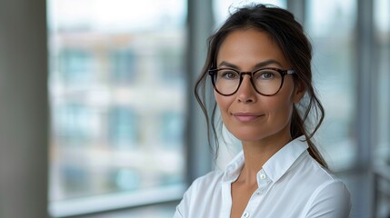 Beautiful 45 years old gentle brunette hispanic woman, wearing glasses, formal slick hairstyle, smooth face in a modern office building, wearing white shirt, beside a huge window