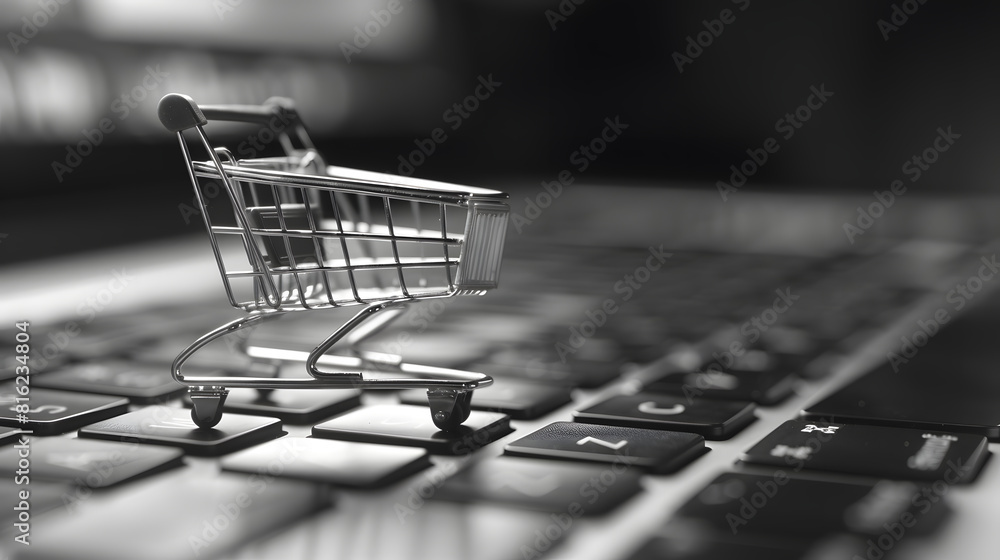 Poster black and white online shopping concept background shopping cart trolley empty on laptop keyboardeco