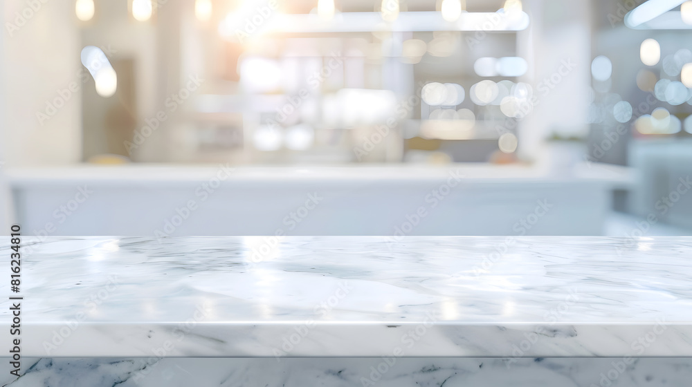 Leinwandbilder Empty white table top counter desk background over blur perspective bokeh light background White marble stone table shelf and blurred kitchen restaurant for food product display mockup : Generative AI
