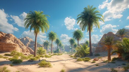 Obraz premium A remote desert oasis, its lush palm trees providing shade and respite from the relentless desert sun