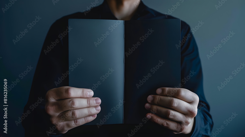 Aufkleber Man showing blank black flyer brochure Read detailed booklet Leaflet presentation Pamphlet hold hands Man show clear offset paper Sheet template Booklet design sheet display read first : Generative AI
