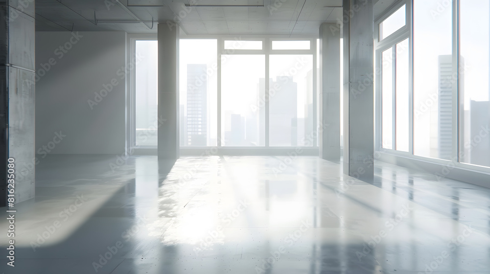 Poster empty loft room with white walls city view and concrete floor 3d render : generative ai