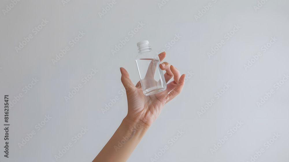 Poster a hand holding something like a bottle or smartphone on white backgrounds isolated : generative ai