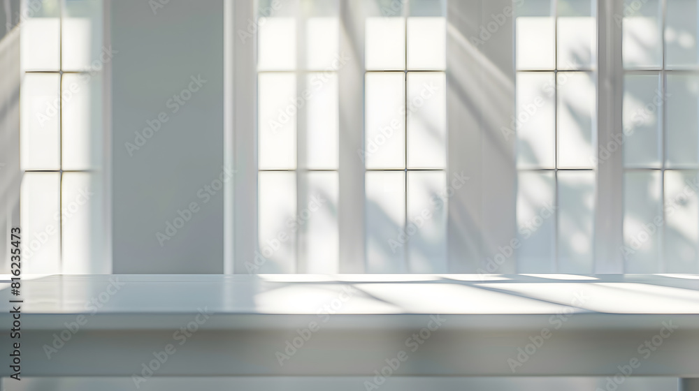 Poster Empty white desk with morning light and shadows of windows with copy space summer concert Blurred backdrop abstract background for display product : Generative AI