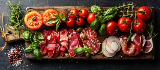 Various meats and vegetables on cutting board