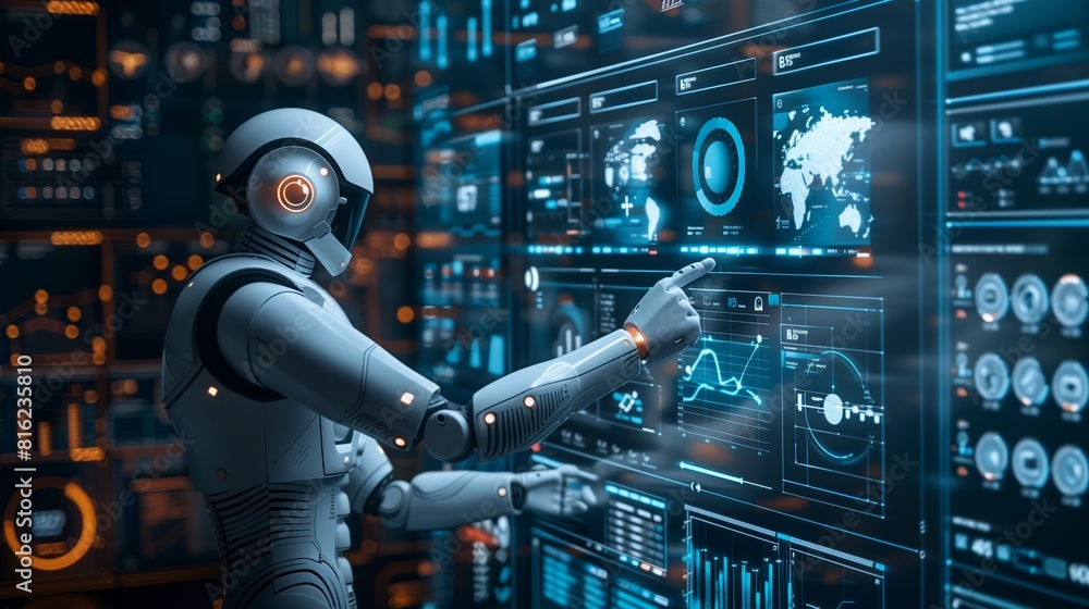 Poster xai 3d illustration ai humanoid robot touching virtual hologram screen showing concept of big data a