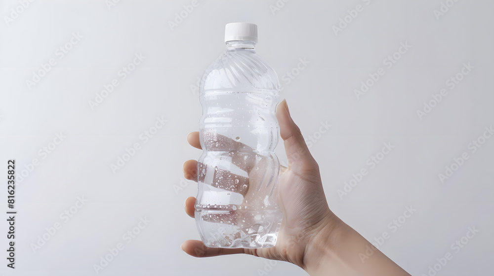 Aufkleber Closeup of hand holding Empty plastic Bottle with condensation isolated on white Background front view : Generative AI