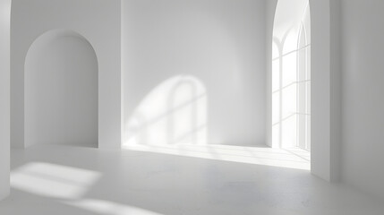 Fototapeta premium Abstract white studio background for product presentation Empty room with shadows of arch window 3d room with copy space Summer concert Blurred backdrop : Generative AI