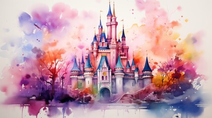 Fantasy princess castle. Pink Fairy tale watercolor hand painted illustration isolated on transparent background. Ideas for baby shower invitation, kids greeting cards, girls nursery decoration 