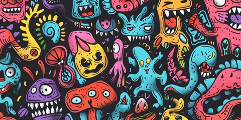 Naklejka premium Abstract graffiti cartoon alien monsters, aliens and strange creatures, Hand drawn scribble pattern