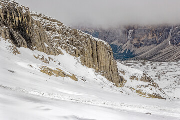 Beautiful Nature Mountain Scenery. Dolomite mountains Italy. Aerial view of the village of san martino di castrozza dolomites trentino. Rough and steep rock. At Gardena Valley in South Tyrol, Italy