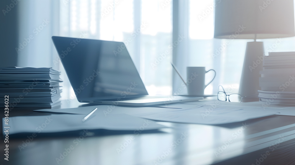 Poster manager working desk with laptop computer document paperwork and office suppliers : generative ai