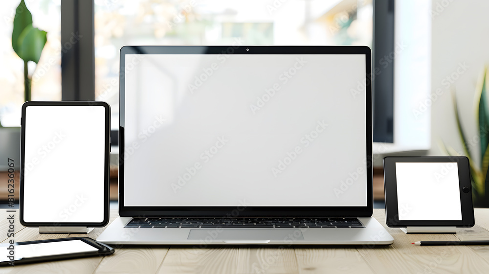 Aufkleber tablet pc and laptop computer isolated white screen with mobile smartphone on wood table for mock up