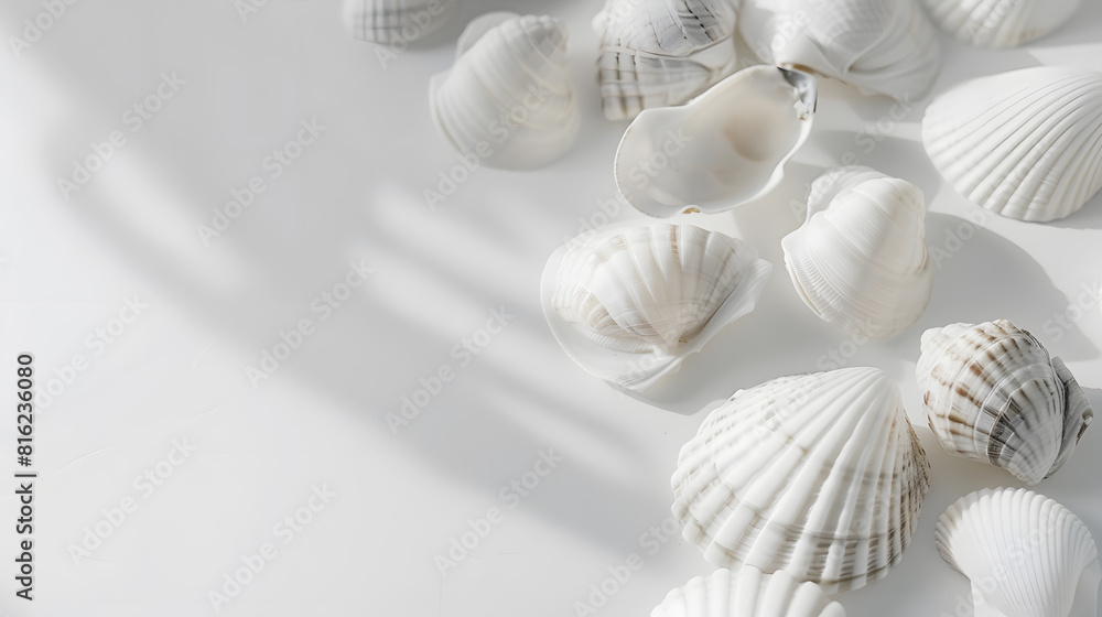 Poster seashells on white with a lot of copy space : generative ai