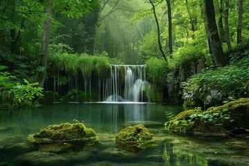 enchanted forest oasis magical hidden waterfall cascading through lush greenery mystical nature landscape photography