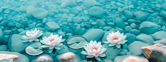 Calm and tranquility emanate from this image of serene lotus flowers resting on smooth stones in gently hued waters, exemplifying natural aesthetics - Powered by Adobe
