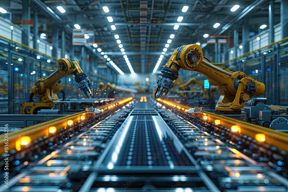 Poster automation factory with robot assembly line produce solar panels, industry 4.0.