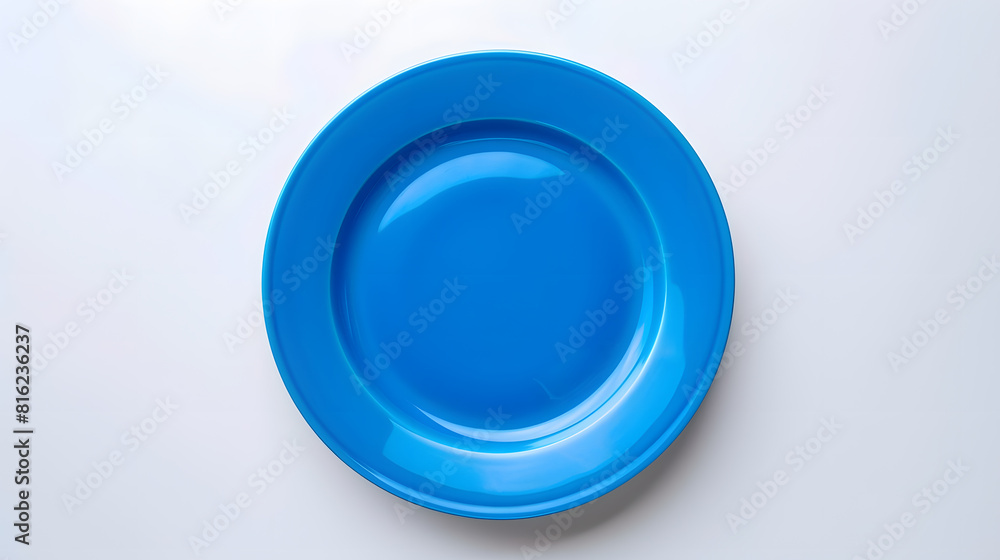 Poster top view of empty blue porcelain plate on white background : generative ai