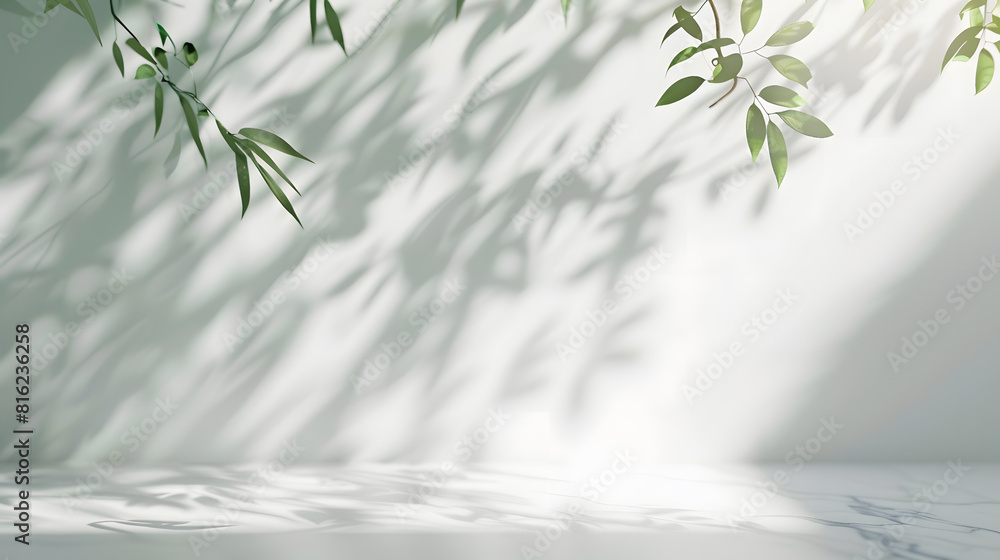 Poster Minimalistic light background with blurred foliage shadow on a light wall Beautiful background for presentation with with marble floor : Generative AI
