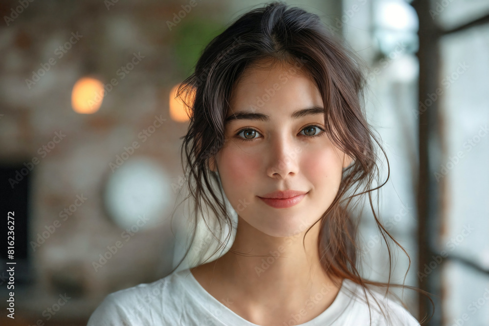 Poster Young asian woman posing by window in modern interior slightly smiling, for marketing campaign