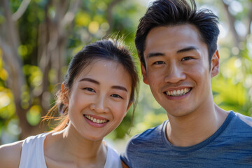 Smiling young couple takes a break from running in the park, showcasing happiness, health, and their active lifestyle together