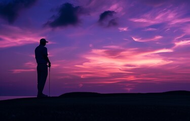 Silhouette of man playing golf against beautiful purple and blue sky at sunset Generative AI