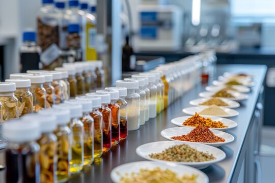 food ingredients testing, a variety of food samples arranged neatly on lab benches highlighting the diverse quality ingredients for testing and evaluation