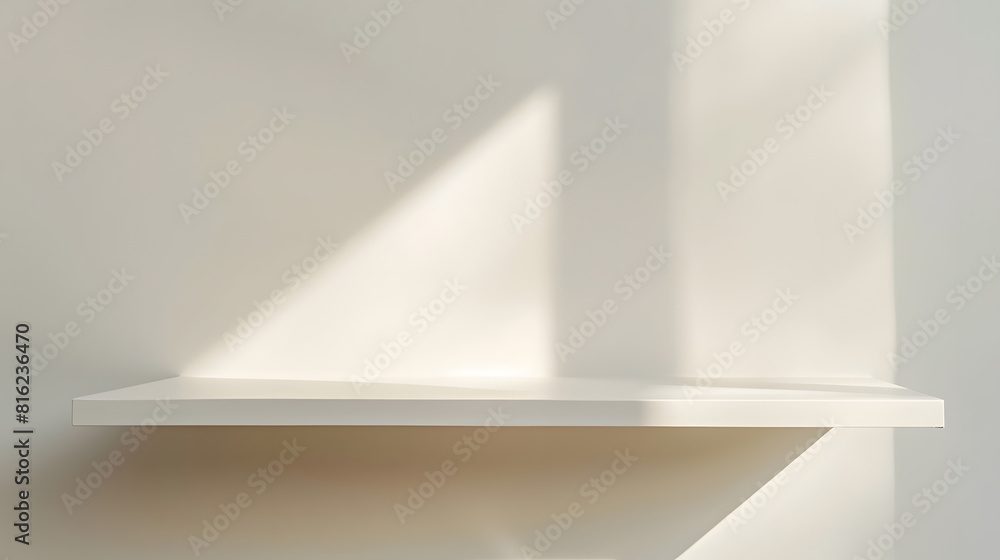Poster Empty white shelf horizontal background Minimalist table top with empty space front view Blank pedestal for presentation product blurred sunlight and shadow on wall background : Generative AI
