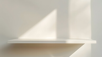 Empty white shelf horizontal background Minimalist table top with empty space front view Blank pedestal for presentation product blurred sunlight and shadow on wall background : Generative AI