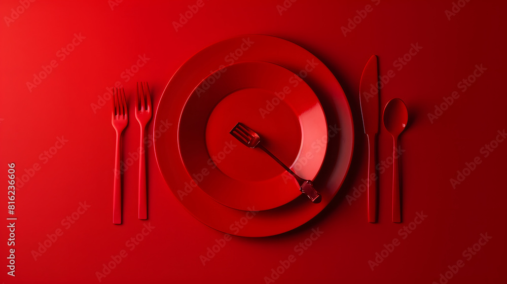 Poster abstract food background with eating utensil top view of an empty round red plates and cutlery decor